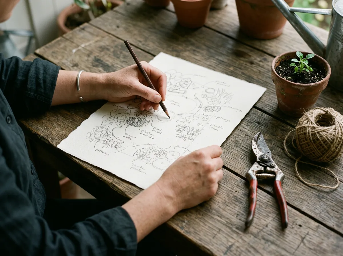 A designer's hands sketching a planting plan on a weathered garden table, secateurs and twine beside the paper