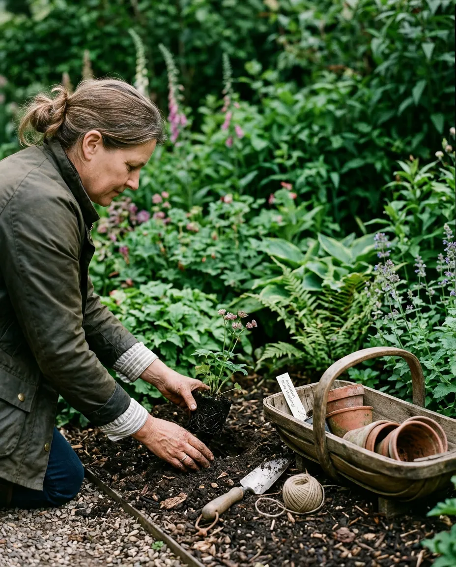 A gardener kneeling at the edge of a deep border, hands in the soil around a young perennial