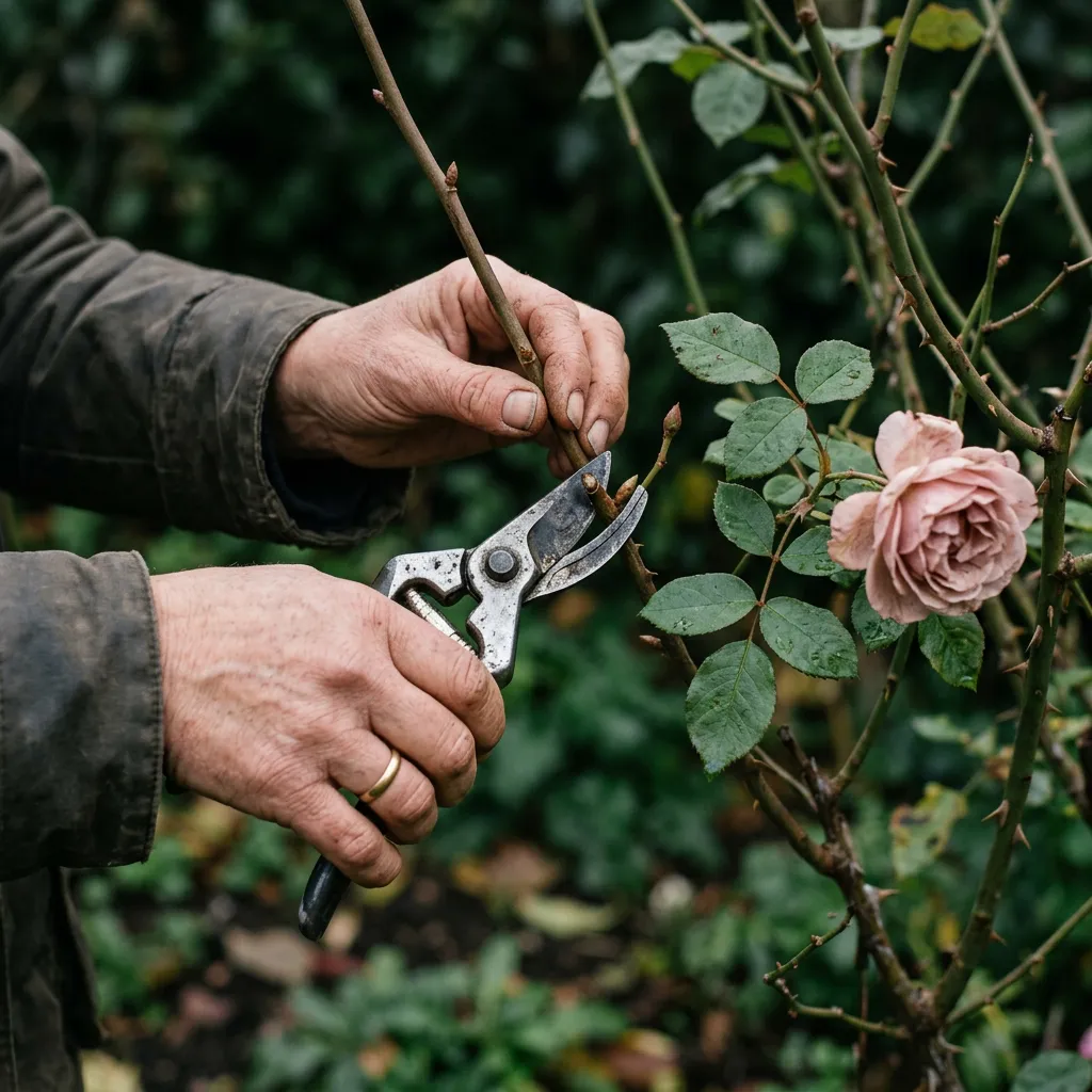 Weathered hands guiding steel secateurs through a rose stem, mid-cut