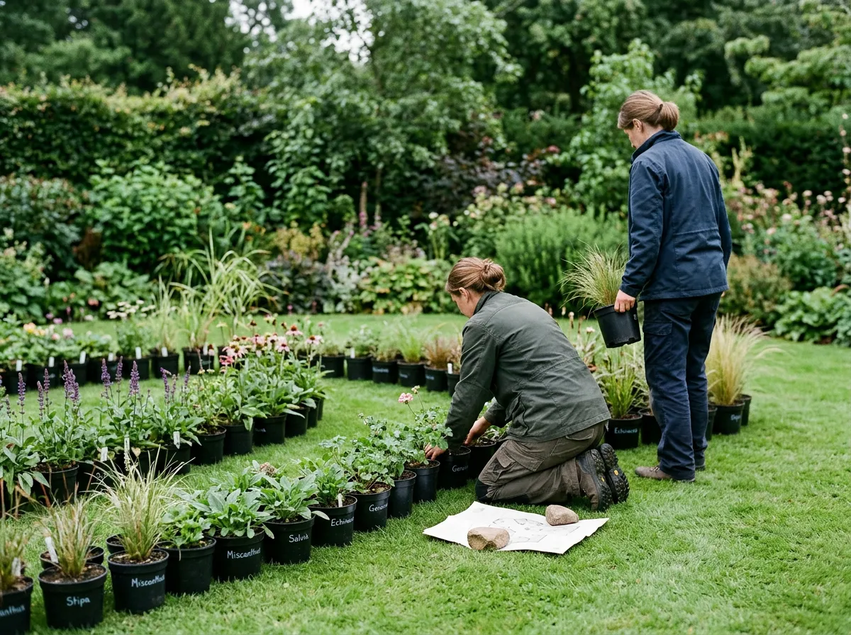 Two gardeners arranging potted perennials on a lawn while planning a new border
