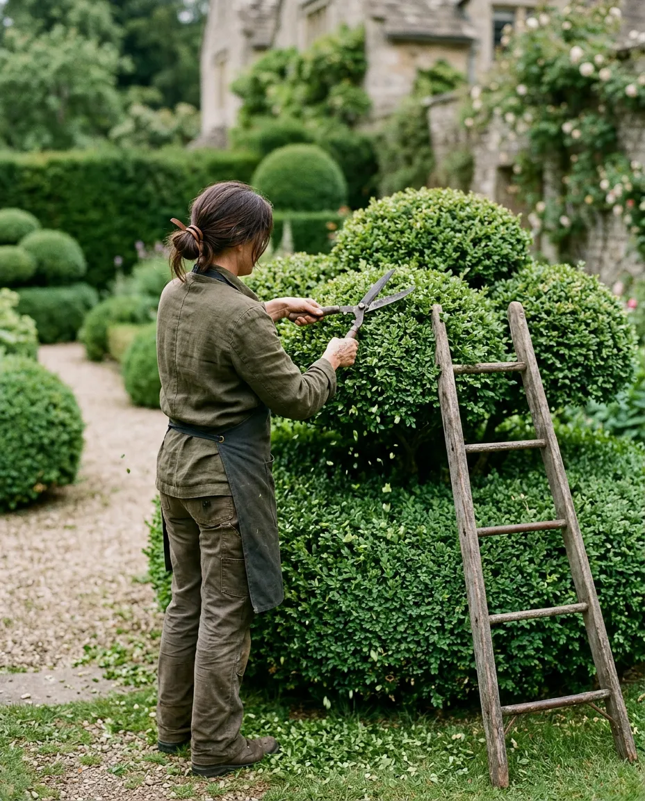 A gardener hand-shearing a cloud-pruned topiary form with a ladder nearby