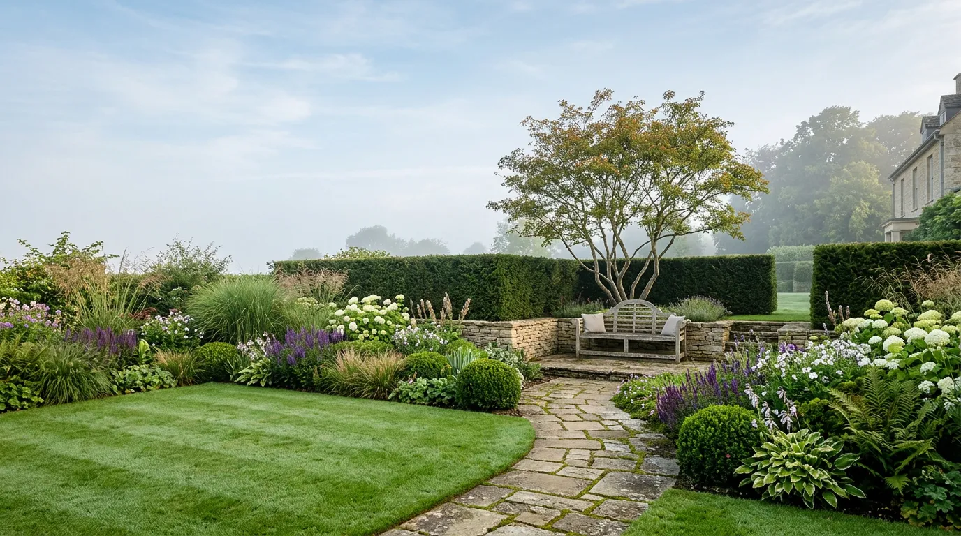 A designed garden landscape at first light — mown lawn, layered perennial borders and clipped boxwood along a curving stone path to a terrace
