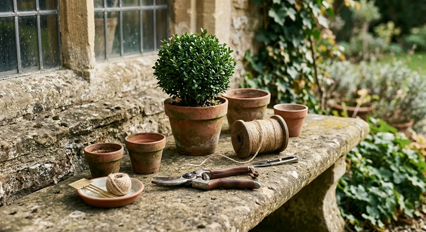 Steel secateurs, twine and terracotta pots arranged on a weathered stone bench