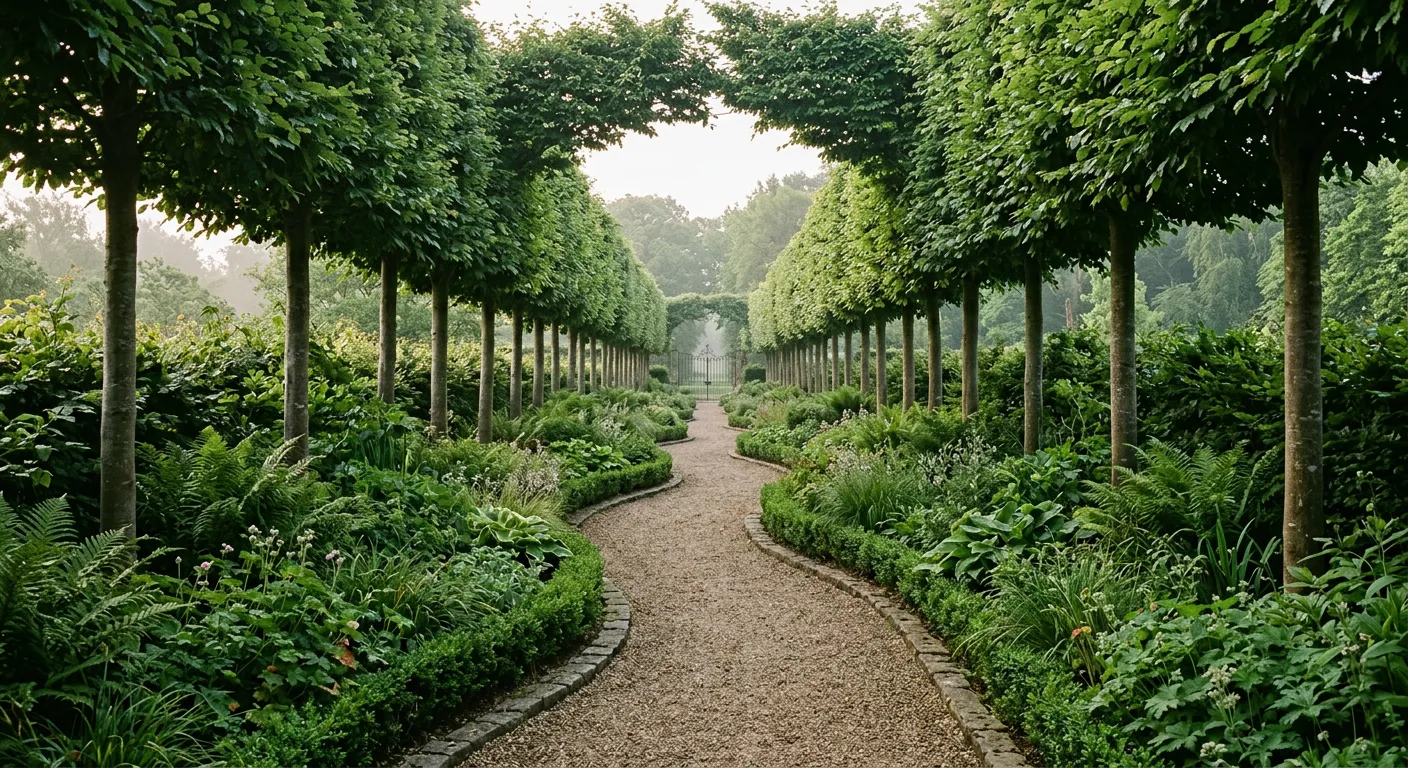 Tree-lined gravel allée between pleached hornbeams with green underplanting