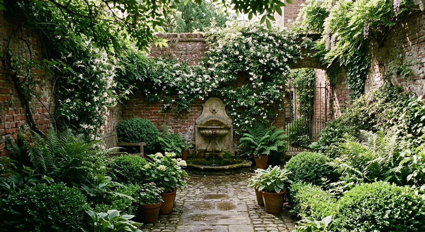 Walled courtyard garden with a stone fountain and climbing jasmine on brick walls
