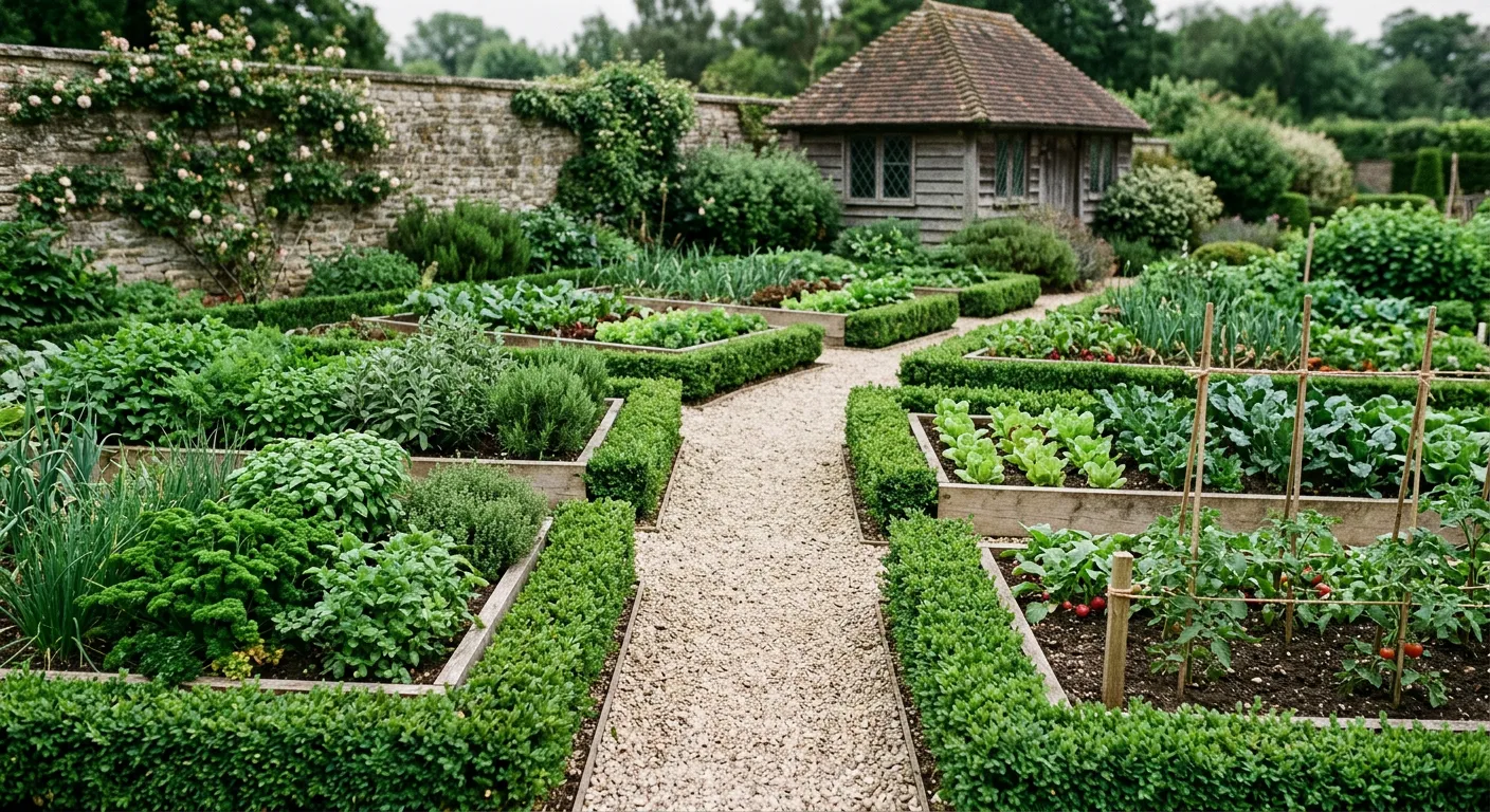 Ordered kitchen garden with raised beds edged in clipped boxwood