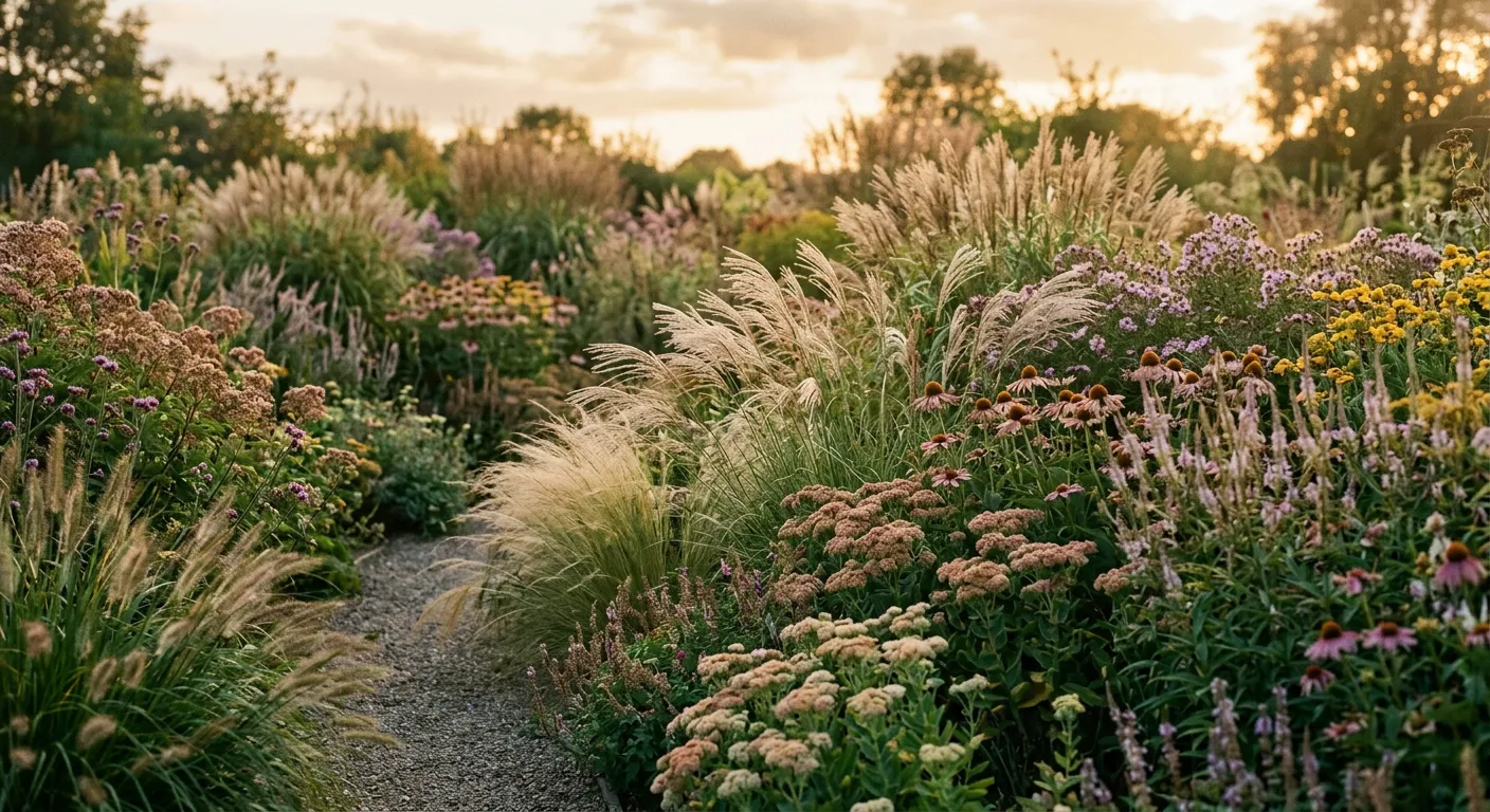 Naturalistic meadow garden with ornamental grasses in soft evening light