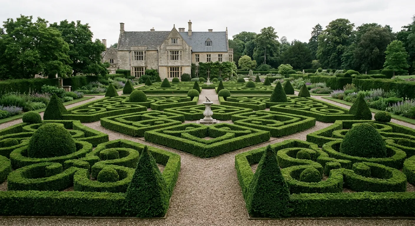 Formal boxwood parterre with geometric clipped hedges and gravel paths