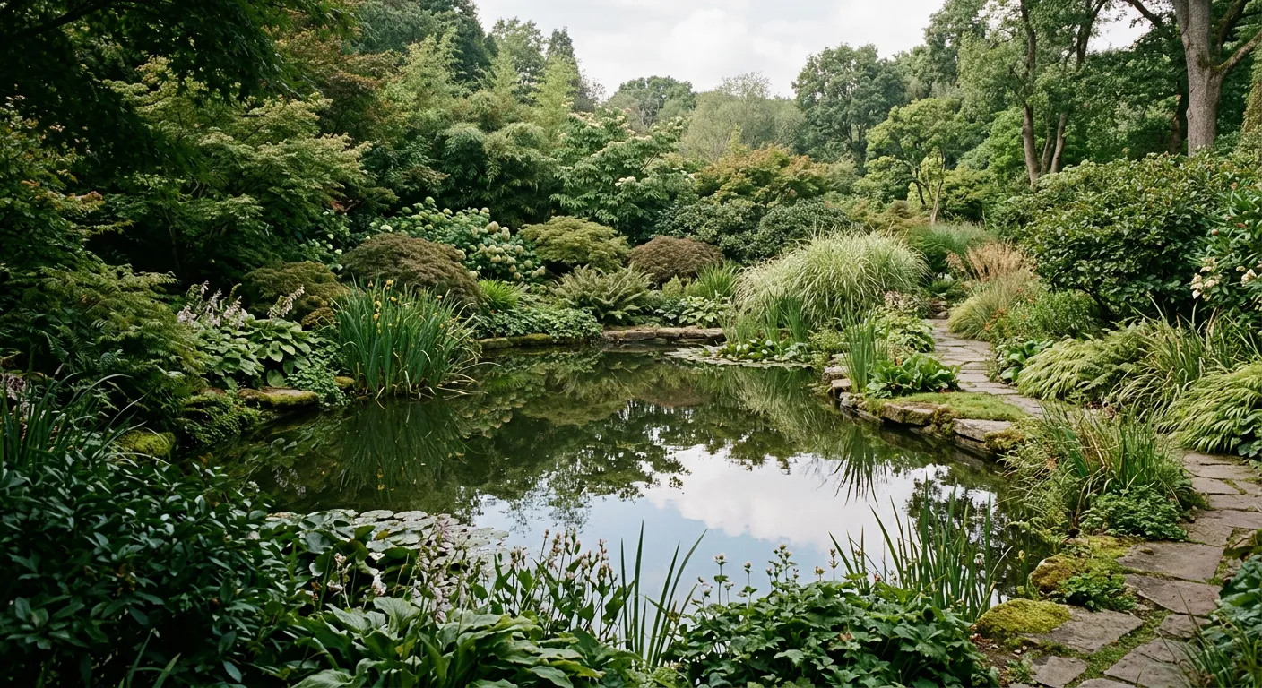 Garden pool edged with lush layered planting reflecting in still water