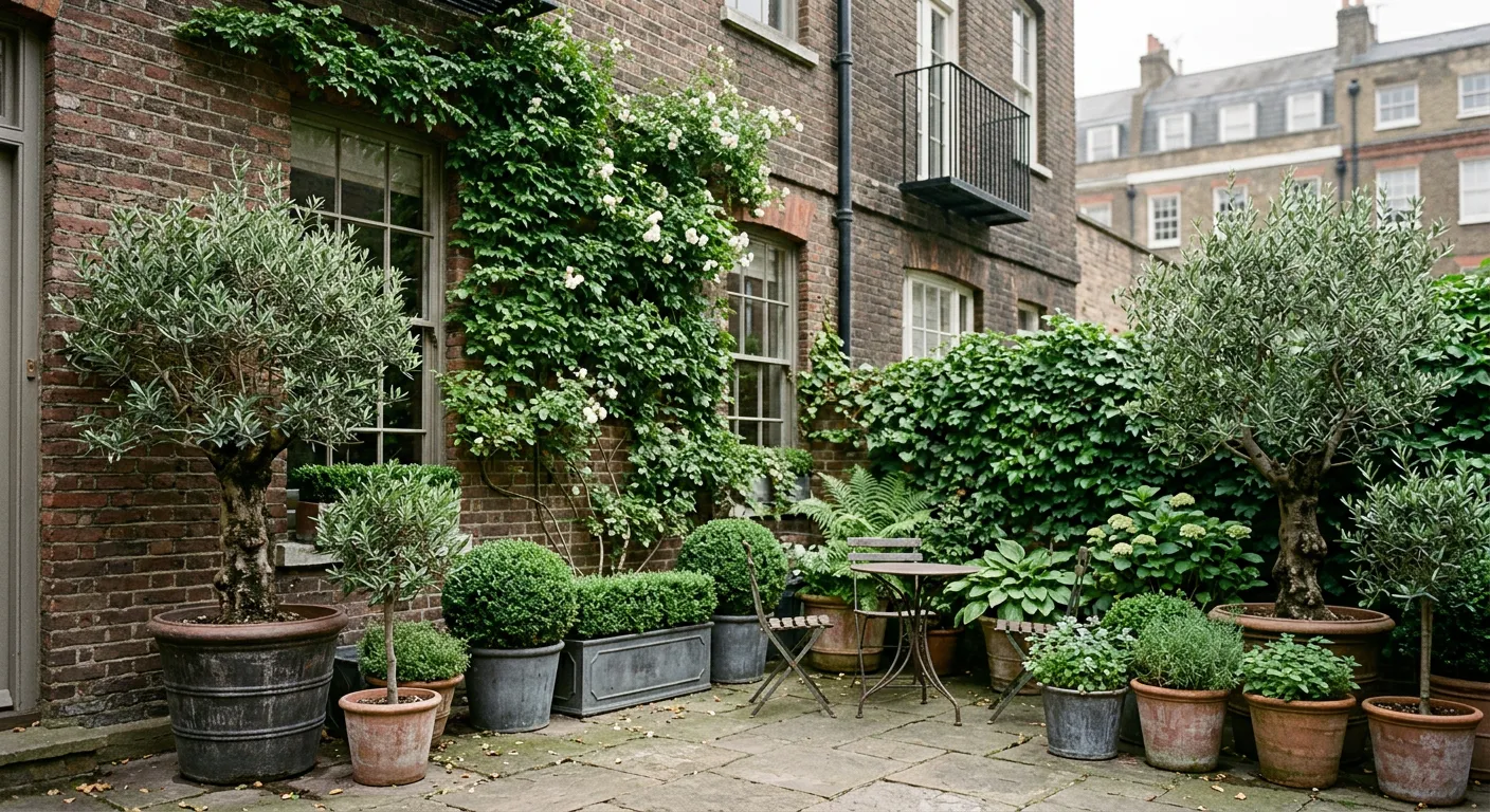 Small townhouse terrace garden with potted olive trees and clipped boxwood