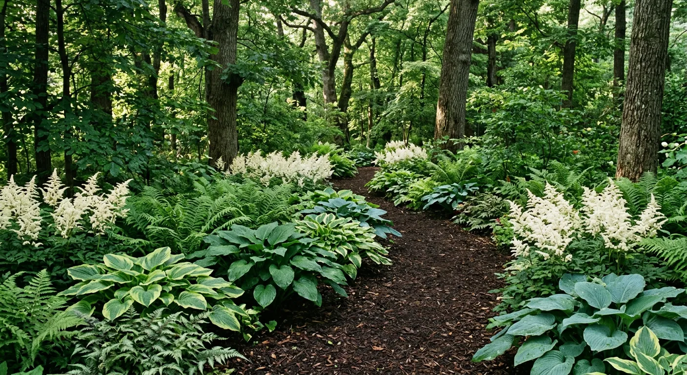 Woodland shade garden with layers of ferns and hostas beneath mature trees